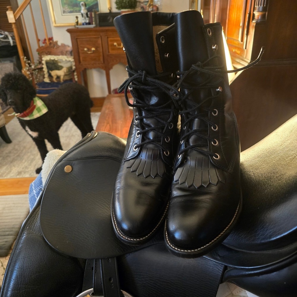 Womens Black Leather JUSTIN Boots Lace Up Western Kiltie ROPER Mid Calf Boots